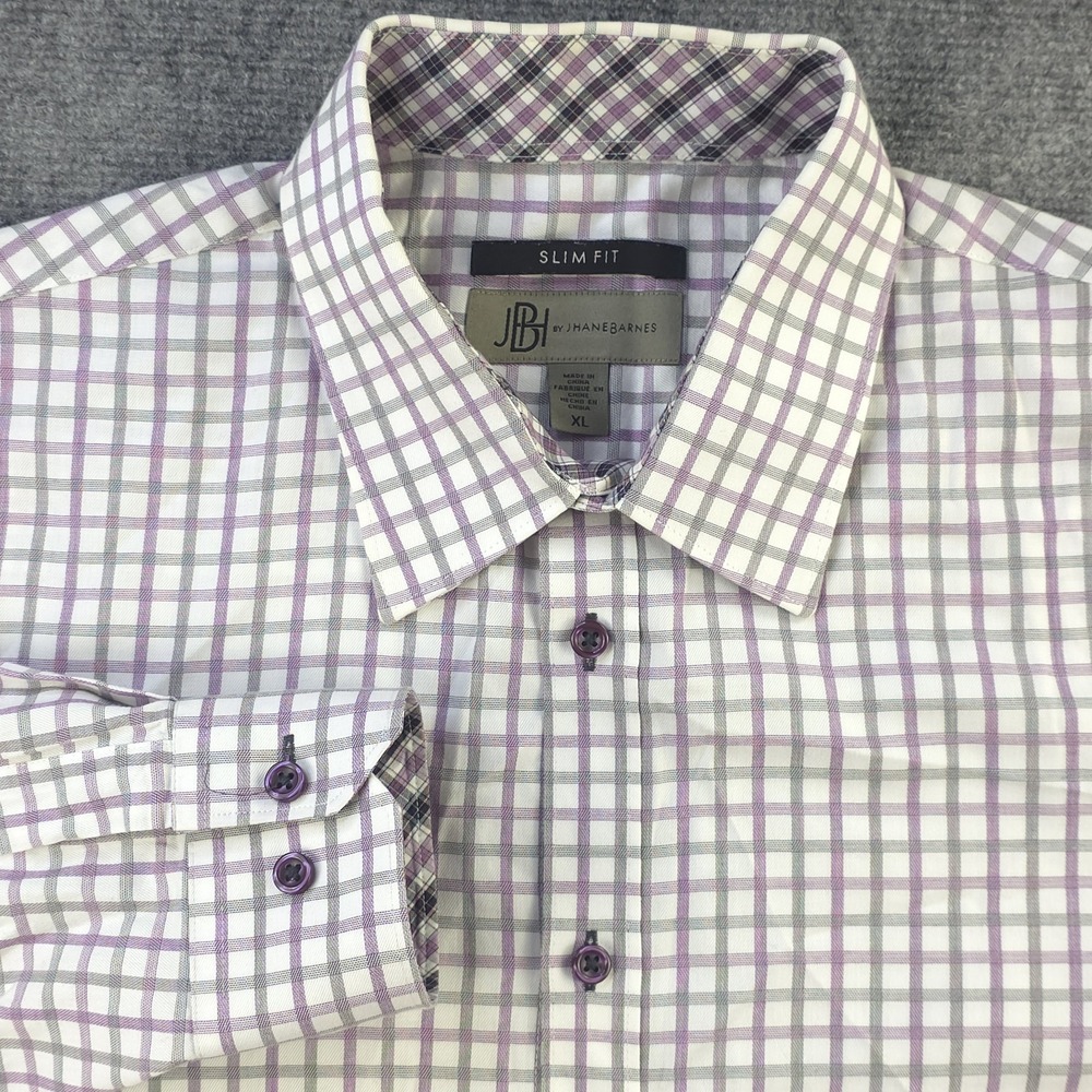 Jhane Barnes Shirt XL Slim Fit Purple Check‎ Long Sleeve Button Up Point Collar